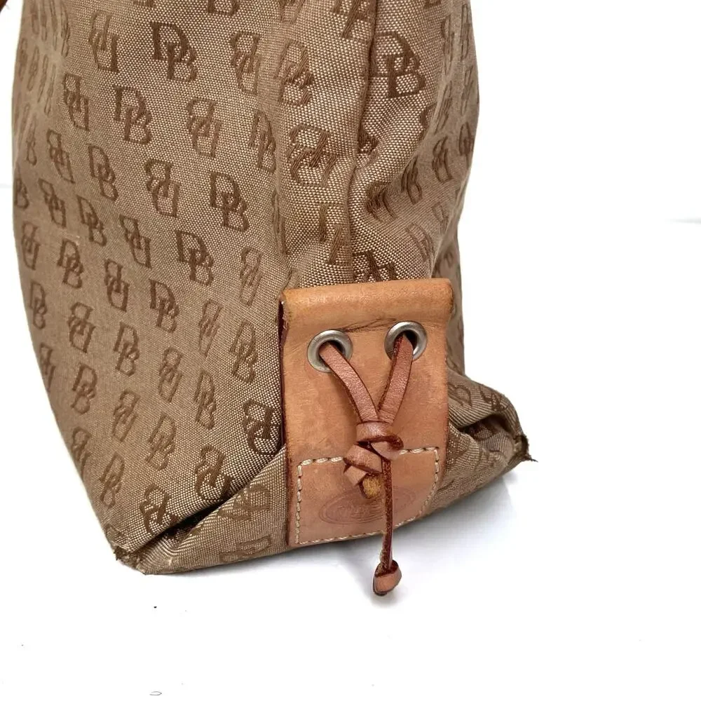 Y2K Dooney Monogram Canvas Tote | Preppy Neutral Shoulder Bag with Leather Trim - Picture 9 of 16